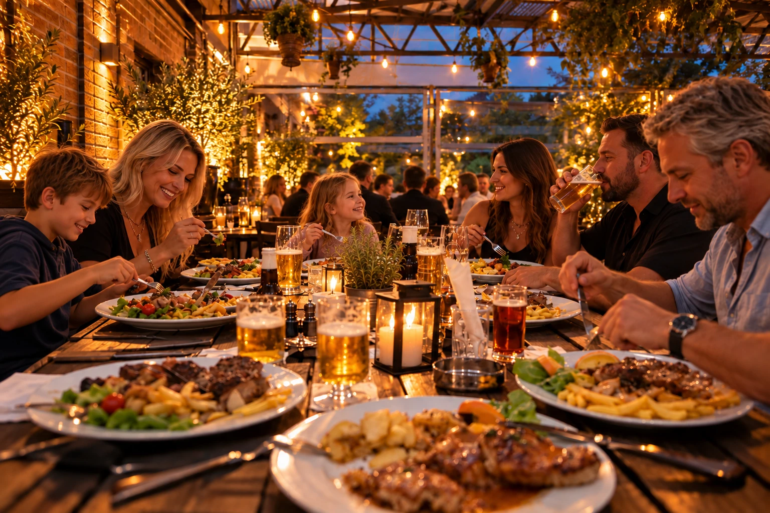 Familie beim Abendessen im Biergarten bei Kerzenlicht