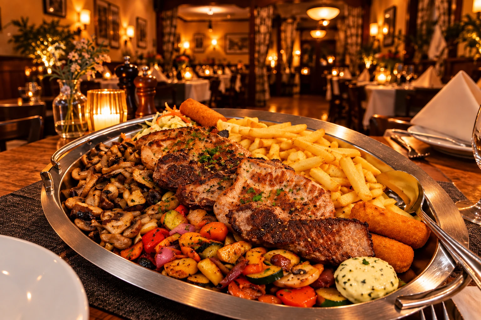 Große Wirtshausplatte mit Steaks, Pilzen, Pommes, Kroketten und Grillgemüse