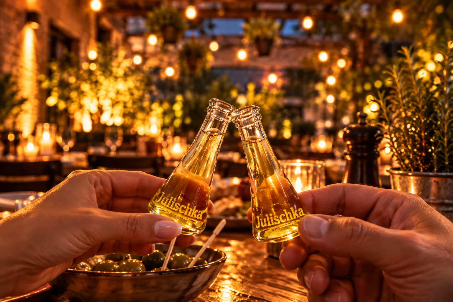 Anstoßen mit zwei Julischka am Tisch im Biergarten