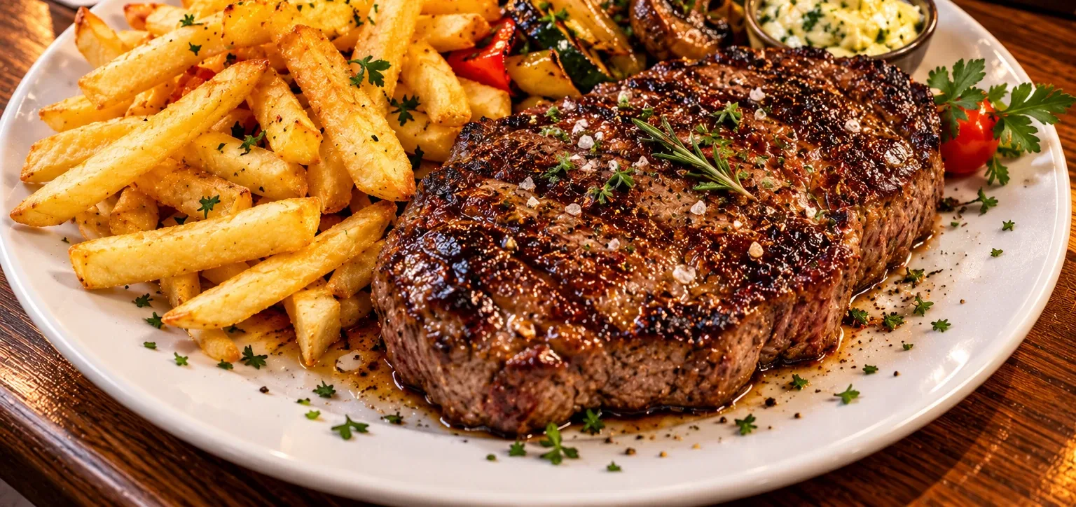 Rumpsteak mit Pommes frites und Kräuterbutter