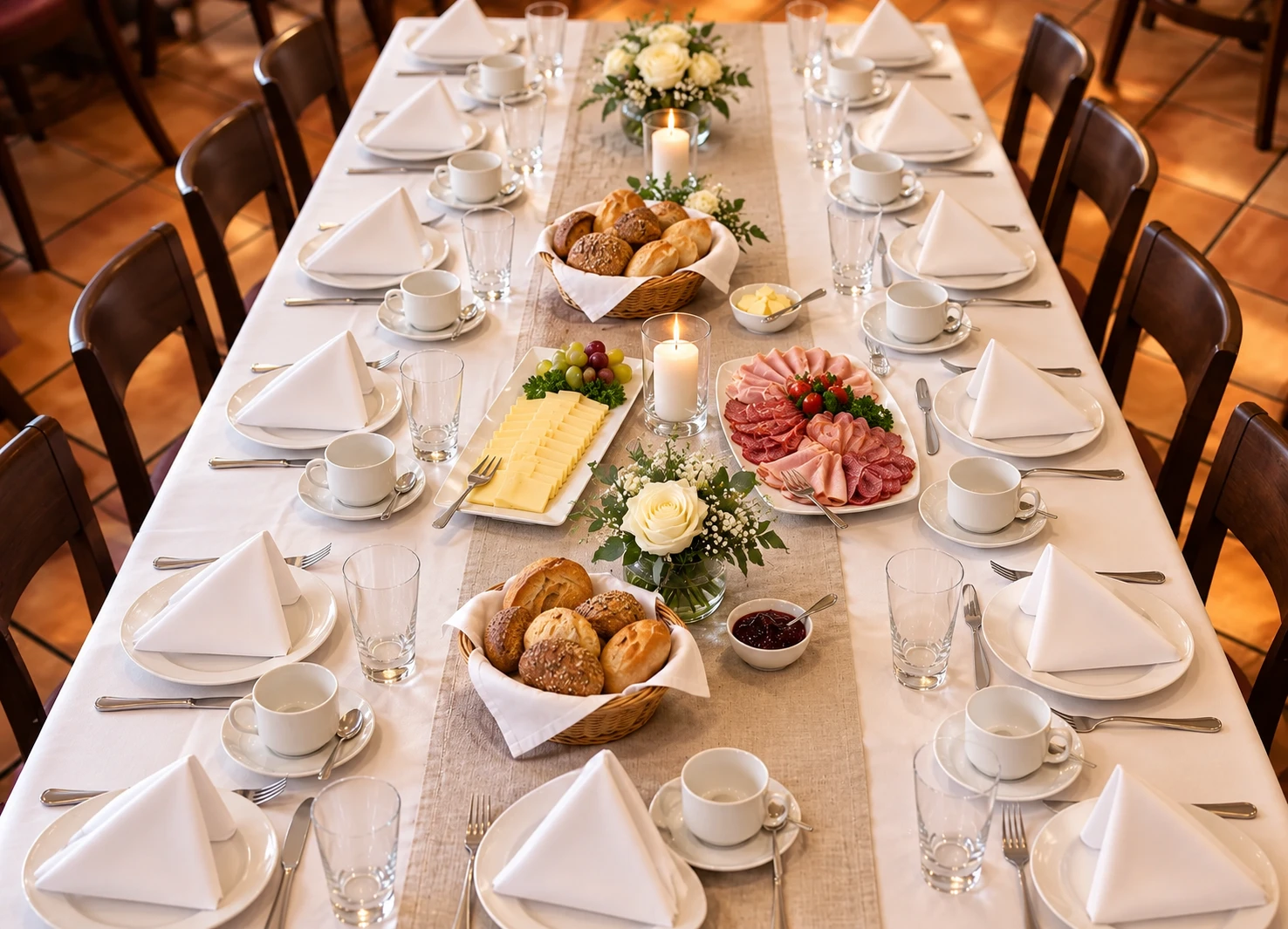 Lange weiß eingedeckte Kaffeetafel mit Brötchen, Käse- und Wurstplatte, Kerzen und hellen Rosen